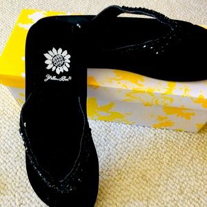 Yellow box flip flop sandals. Black with black rhinestones. Style Tanga